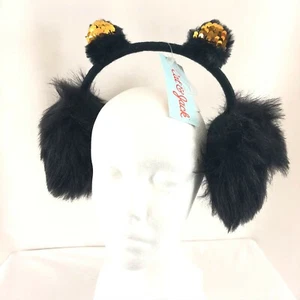 Cat & Jack Girls Earmuffs Headband Cat Ears Sequins Faux Fur Black Gold One Size - Picture 1 of 4