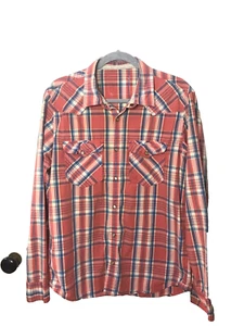 Aeropostale Western Shirt Size M Pearl Snap Front Red Pink Blue White Plaid Men - Picture 1 of 4