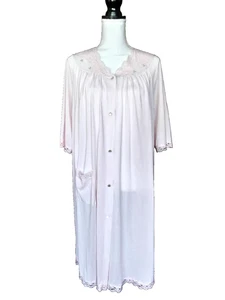 Bata Peignoir Vintage Shadowline Rosa Pálido Bolsillo Botones Nylon Encaje Grande - Imagen 1 de 7