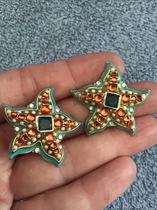 Vtg KJL Earring STARFISH Faux Pearl Coral KENNETH J LANE Pierced Post Stud Fish - Picture 1 of 9