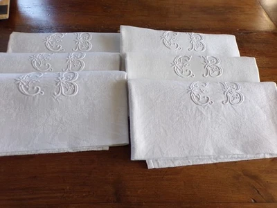 6 Serviettes de Table  en Lin Damassé Monogramme "C B " - Photo 1/4