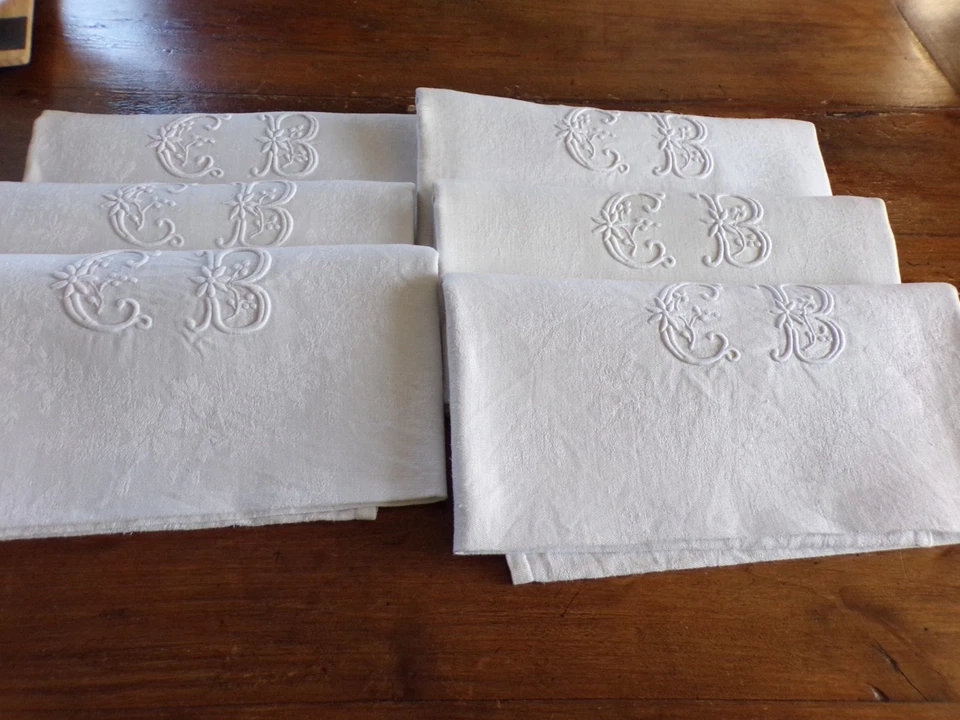 6 Serviettes de Table  en Lin Damassé Monogramme "C B " - Photo 1/4
