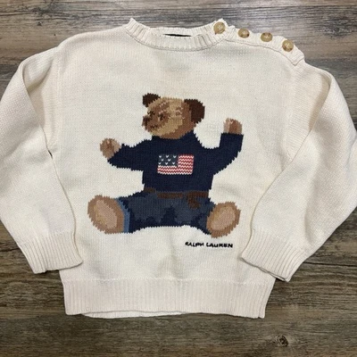 De Colección Polo Ralph Lauren Tejido a Mano Suéter Niño 3T Sentado Oso de Peluche Americano RARO Foto 1 de 4