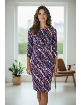 NUEVO Vestido David Meister Multicolor Estampado Abstracto Rayón Jersey Cuello en V Talla 10 Foto 1 de 4