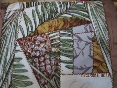 SET OF 2 "CRAZY QUILTED' FALL MUG RUGS--GLITTER PINE CONES--#R6A-9 - Image 1 of 4