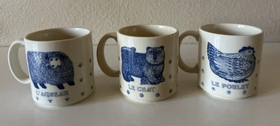 Juego de tazas de animales vintage azul y blanco - L’Agneau, Le Chat, Le Poulet - Lote de 3 Foto 1 de 4