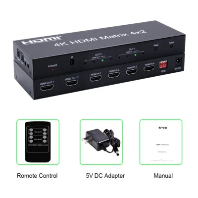 4K HDMI Matrix 4x2 Switch Splitter Video Converter 4 IN 2 OUT 2 TV Dual Display - Image 1 of 4