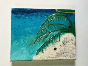 Vintage Rare Old picture Art Hand painted oil painting Sea Beach Palm 8"x10"  - Picture 1 of 5