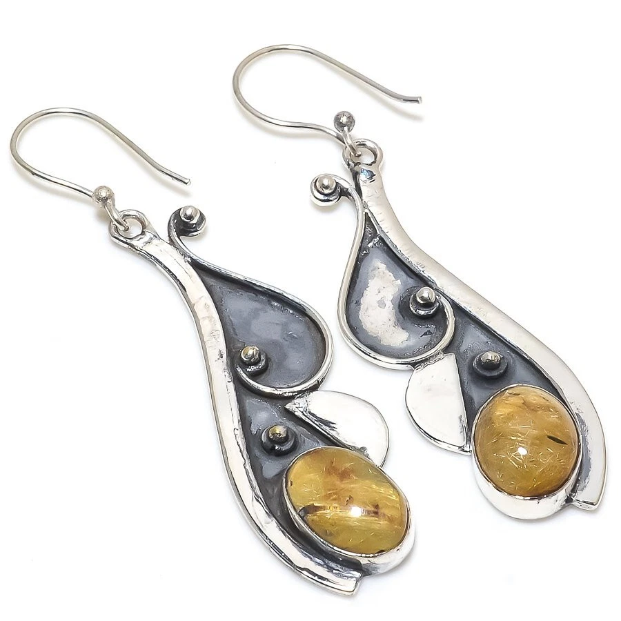 Gold Rutilate Gemstone Silver Plated Earrings Jewelry 2" Wedding Gift For Love - Image 1 of 1