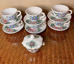 6 Crate & Barrel Fortebraccio Ceramiche Italy Floral Cup Saucer Plate+Sugar Bowl - Picture 1 of 6