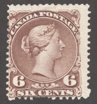 1868 Canada #27 6c Queen Victoria, Large Queen in Dark Brown - MNG Mint - Image 1 of 3