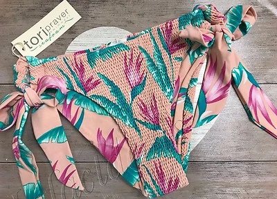 Women's Tori Praver Seafoam Smocked Scarf Tie Bikini Swim Bottom pink M Medium - Image 1 of 4