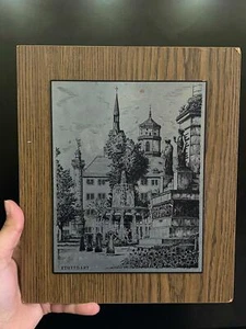 Painting Antique Picture Stuttgart Rare Brass Engraving Wood Base Germany Art  - Picture 1 of 5
