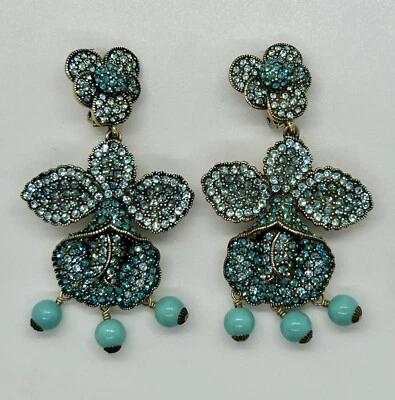 HEIDI DAUS "Brazilian Beauties" Crystal Orchid Flower Clip On Vintage Earrings - Image 1 of 4