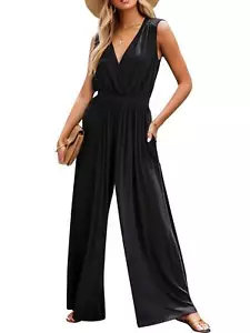 Jumpsuits For Women Summer Dressy Sleeveless V Neck Wide Leg Pants With Pockets - Picture 1 of 14