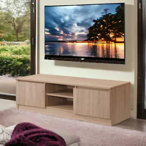 TV Stand Cabinet 2 Doors Shelves Wooden Low Media Unit Classic Modern Natural - Picture 1 of 4