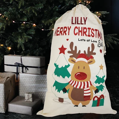 WILLOWGIFTS Personalised Reindeer COTTON Santa Sack - Cute Boy Girl Name Kid Presents Gift