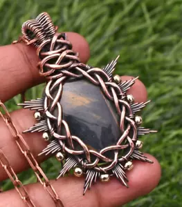 Tiger's Eye Gemstone Copper Wire Wrapped Handmade Jewelry Pendant 1.97" - Picture 1 of 11