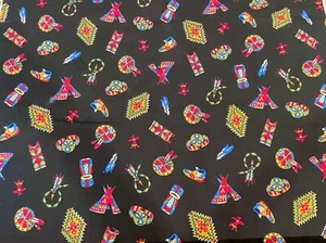 Vintage Native American Indian Motif Quilting Cotton Fabric Tipi, Totem  1/2 Yd - Picture 1 of 8