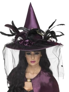 Classic Fabric Purple Witch Hat  with Feathers & Netting Halloween - Picture 1 of 2