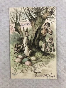 Early 1900's Easter Postcard, Gold Accents, Children Discovery Bunny & Eggs - Picture 1 of 3