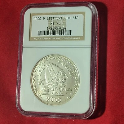 2000 P Leif Ericson Commemorative Silver Dollar Ngc MS70 - Image 1 of 4