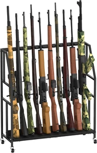 Rifle Gun Rack Freestanding Floor Metal Frame Wheels Wooden Holds 10 Long Guns - Picture 1 of 7