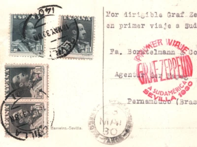 SPAIN Postcard *GRAF ZEPPELIN* Air Mail 1930 FIRST FLIGHT Cachet BRAZIL KZ174 - Image 1 of 4