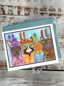 Cute winter holiday cats ready to hit the slopes snow skiing,  notecard #399 - Picture 1 of 2