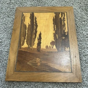 Vintage W.C. Griffith Wood Inlaid "Lombardies and Brook" Art Wall Picture - Picture 1 of 2