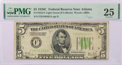 1928 C $5 Federal Reserve Note Atlanta Fr#1953-F Light Green (FA Block) PMG VF25 - Image 1 of 2