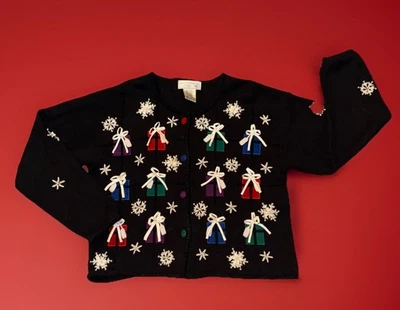 Women's Small UGLY CHRISTMAS sweater cardigan embellished snowflake XMAS Present - Image 1 of 4