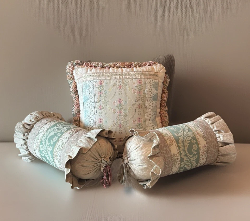 SWEET DREAMS Neiman Marcus Jacquard Pillows floral Set of 3 Floral Bolsters - Image 1 of 4