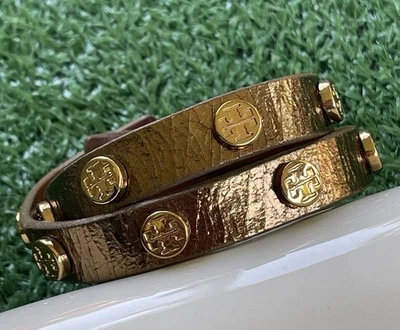 Tory Burch Miller Double Wrap Metallic Bronze Gold Stud Leather Bracelet 7” - Image 1 of 4