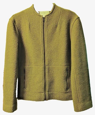 Chaqueta de Lana Verde Pequeña Sofisticada Años 70 De Colección Sin Cuello 2 Bolsillos con Cremallera Med Foto 1 de 4