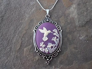 HUMMINGBIRD CAMEO NECKLACE (hummingbird/purple) .925 SILV PLATED CHAIN- QUALITY - Picture 1 of 3