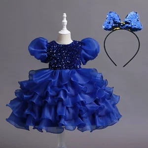 Little Girls Birthday Dress Costume Ball Party Dress up with Big Bow Headband - Picture 1 of 29