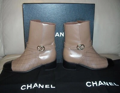 NWB Women's Chanel Calfskin Short Boots  Size 38 Color Light Brown / Black - Image 1 of 4