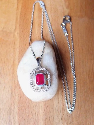 Natural Ruby Octagon & Natural Zircon Halo Pendant 925 Sterling Silver Necklace - Image 1 of 4