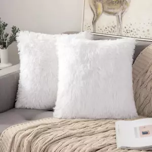 Pack of 2 White Throw Pillow Covers Luxury Fluffy Pillows Faux Fur Decorative Pi - Picture 1 of 12