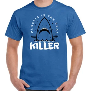 Environmental T-Shirt Mens Pollution Shark Jaws Scuba Diving Top Plastic Killer - Picture 1 of 13