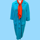 Mid Century Vintage Aqua Blue Linen Dress & Coat W/ Red Neck Scarf Med.