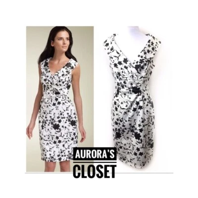 Vestido Vaina Kay Unger 6 Blanco Floral Cuello Retrato Satinado Negro $300 Foto 1 de 4