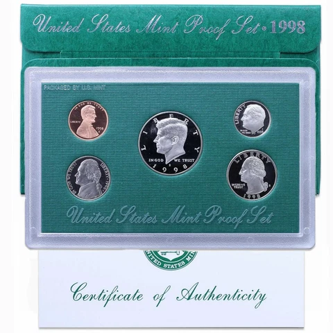 1998 S Proof Set Original Box & COA 5 Coins Close AM Cent!!! CN-Clad Cover