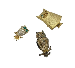 3 Gold-Plated Owl Pins with CZ & Make Up Pot - Picture 1 of 6