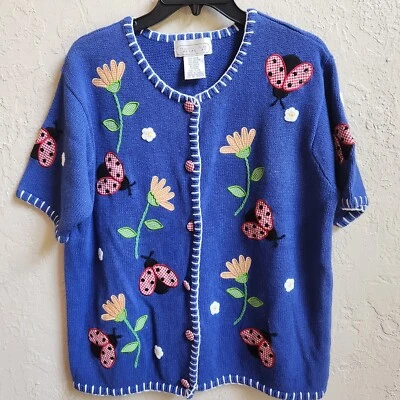 De Colección Ladybug Cárdigan Suéter L Azul Flores Punto Látigo Jardín Cottagecore Retro Foto 1 de 4