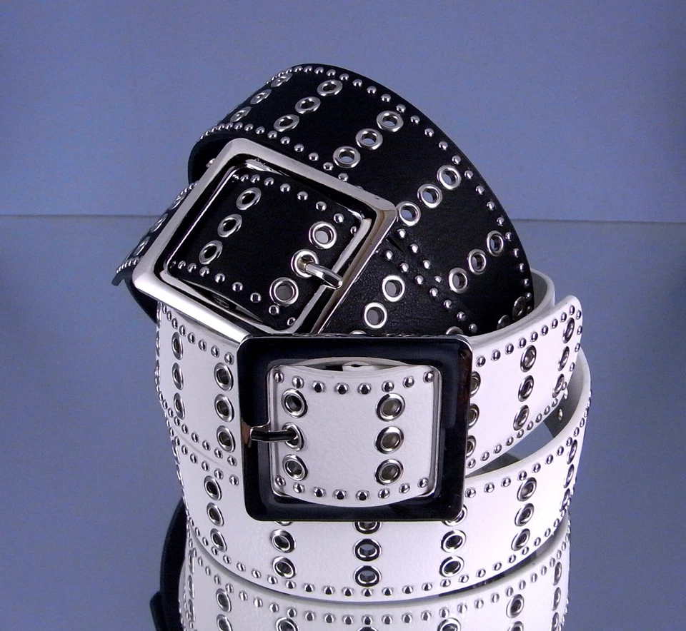 Damen Nieten Ösen Gürtel Chromenieten Hosen Kleidergürtel  schwarz + weiß breit - Bild 1 von 1