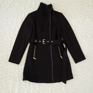 Tahari Black Wool Blend Belted Zipper Pocket Mid Length Winter Coat Womens M - Picture 1 of 7