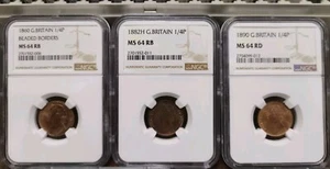 1860 Beaded Borders, 1882 H & 1890 Great Britain Bun Victoria Farthing NGC MS 64 - Picture 1 of 14