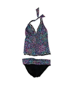 Profile Womens Printed Ruffle Trim Banded Brief 2 Piece Tankini, Black, 8 - Picture 1 of 1